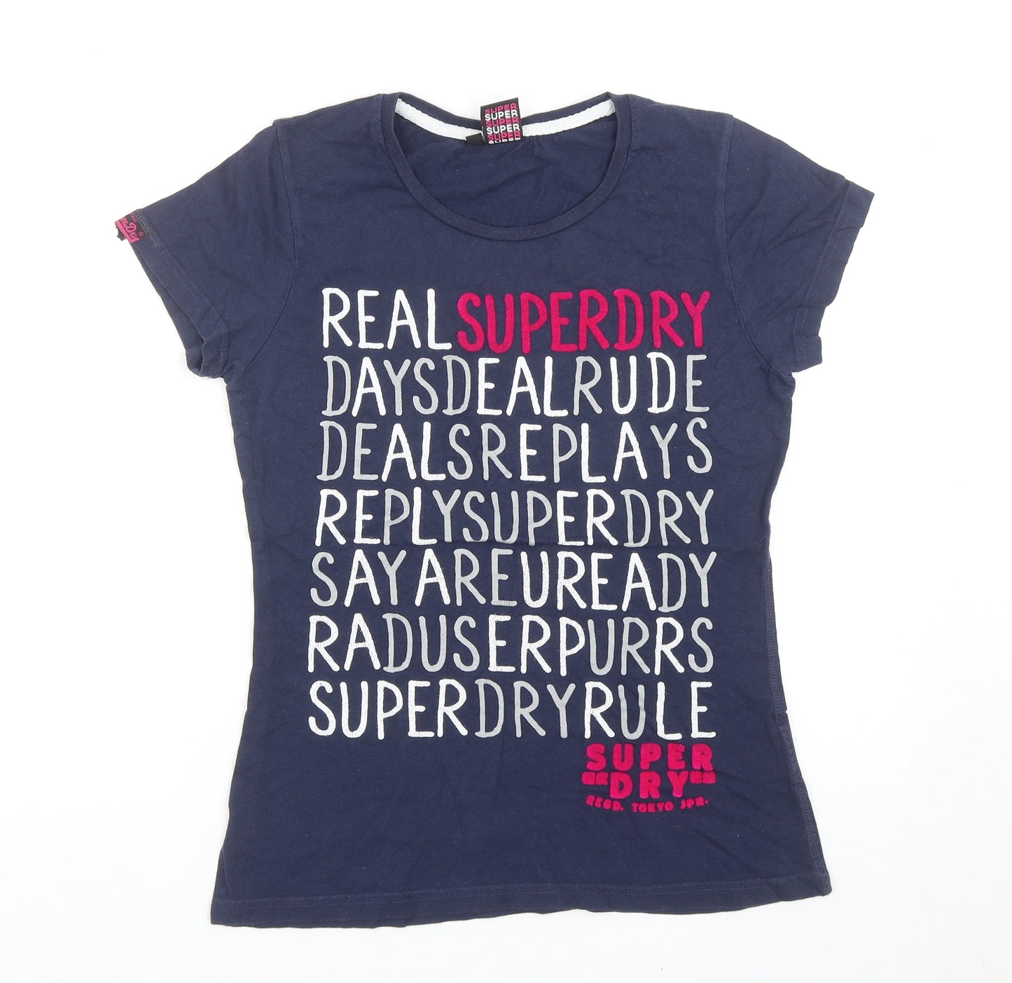Superdry Womens Blue Cotton Basic T-Shirt Size S Scoop Neck
