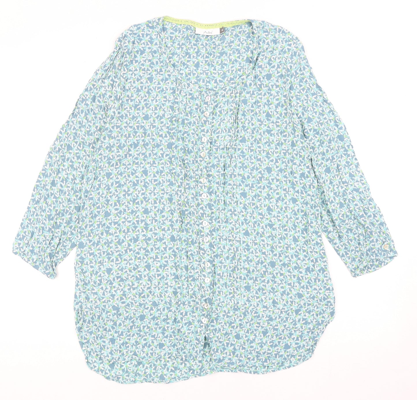 Adini Womens Blue Geometric Viscose Basic Blouse Size M Round Neck