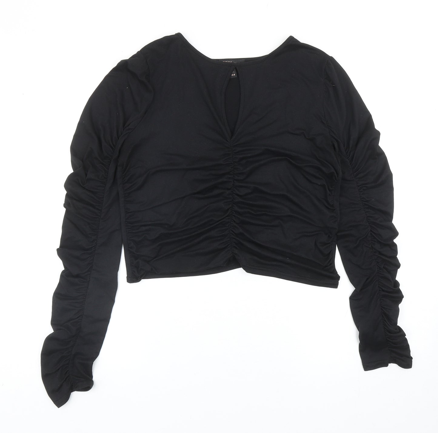 Pink Vanilla Womens Black Polyester Basic Blouse Size L Round Neck - Ruched