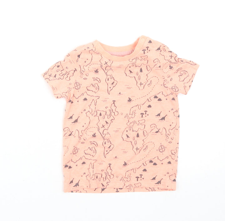 F&F Boys Orange Geometric Cotton Basic T-Shirt Size 9-12 Months Round Neck Snap - Dinosaur map