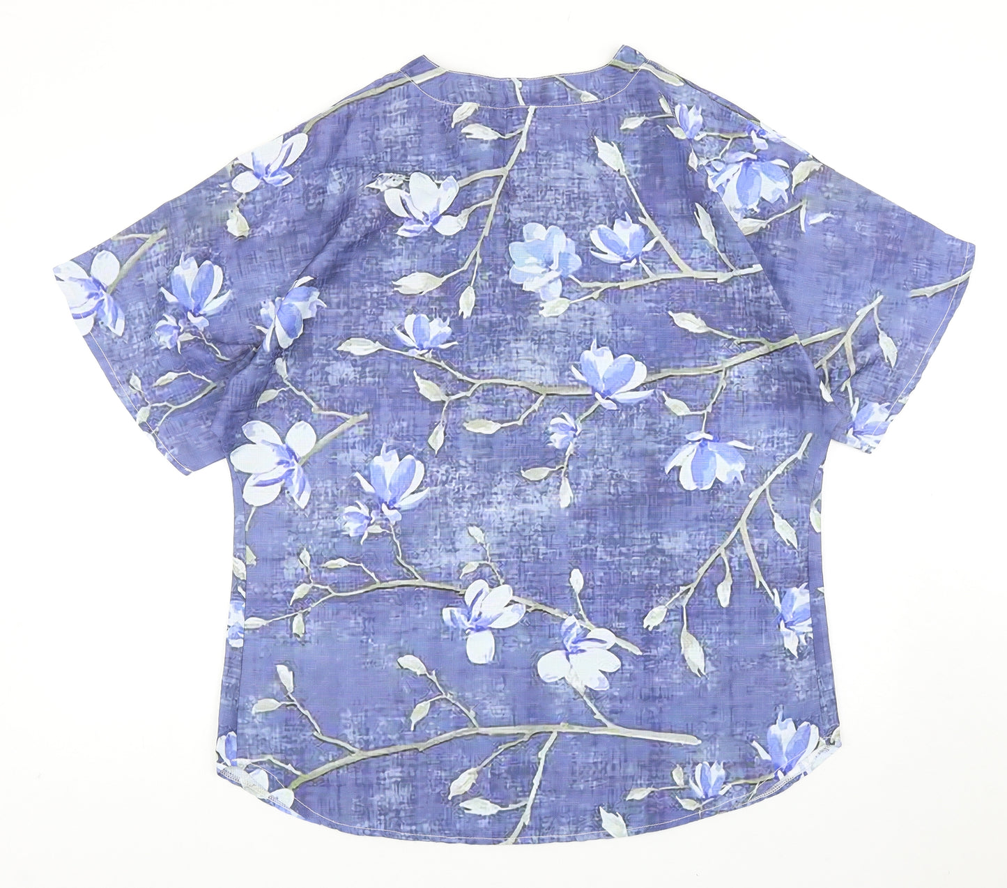 Preworn Womens Blue Floral Polyester Basic Blouse Size L Round Neck