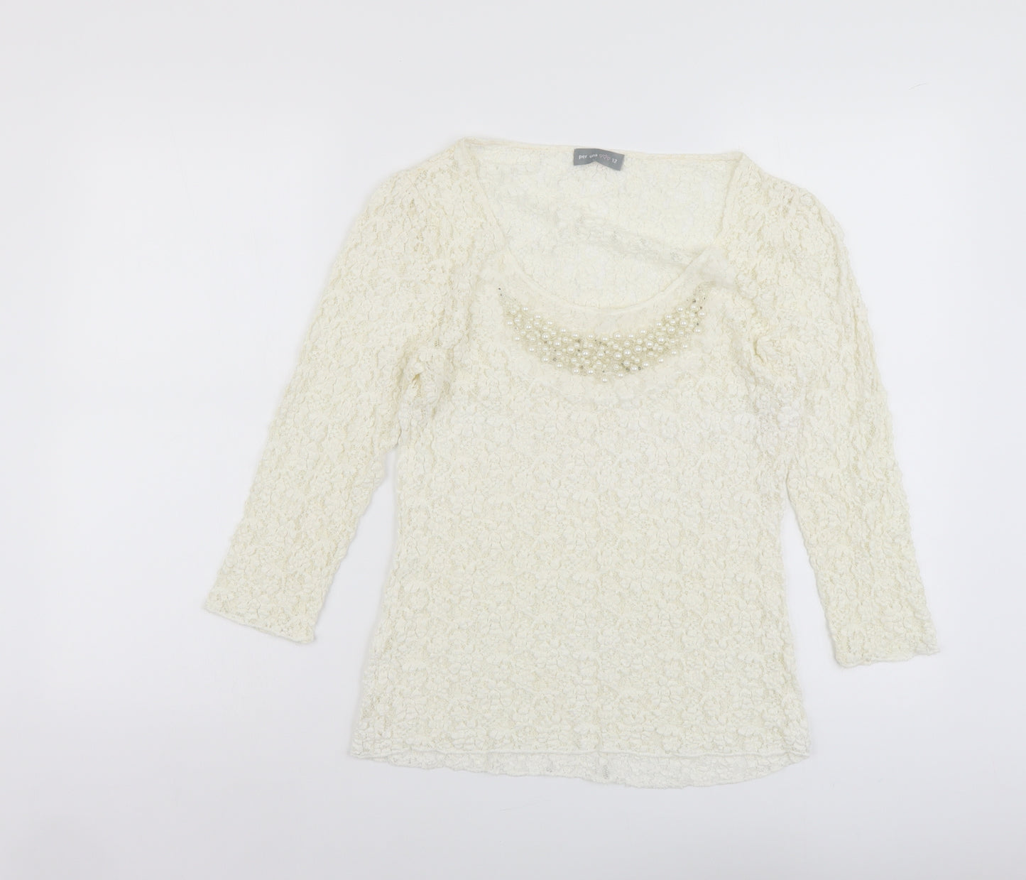 Per Una Womens Ivory Geometric Polyester Basic Blouse Size 12 Scoop Neck