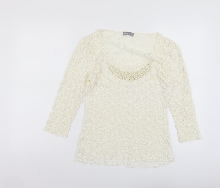 Per Una Womens Ivory Geometric Polyester Basic Blouse Size 12 Scoop Neck