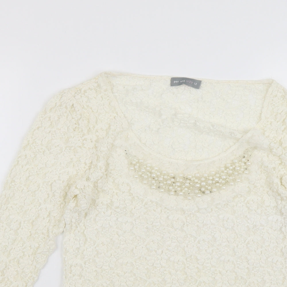 Per Una Womens Ivory Geometric Polyester Basic Blouse Size 12 Scoop Neck
