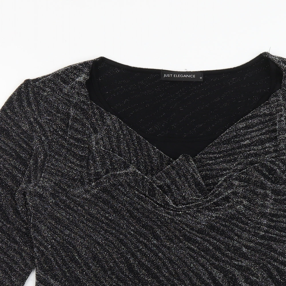 Just Elegance Womens Silver Geometric Nylon Basic Blouse Size M V-Neck