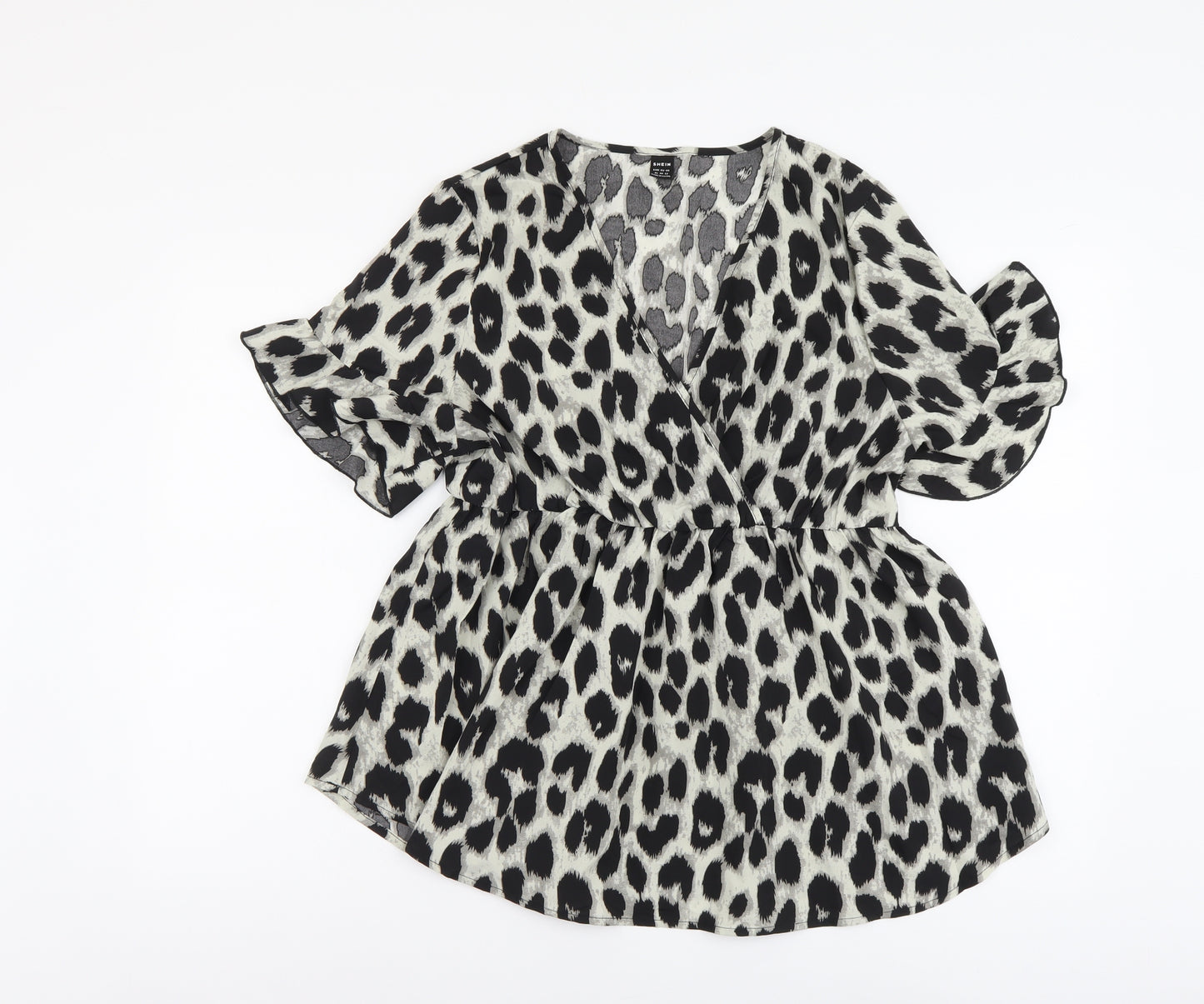 SheIn Womens Grey Animal Print Polyester Basic Blouse Size XL V-Neck
