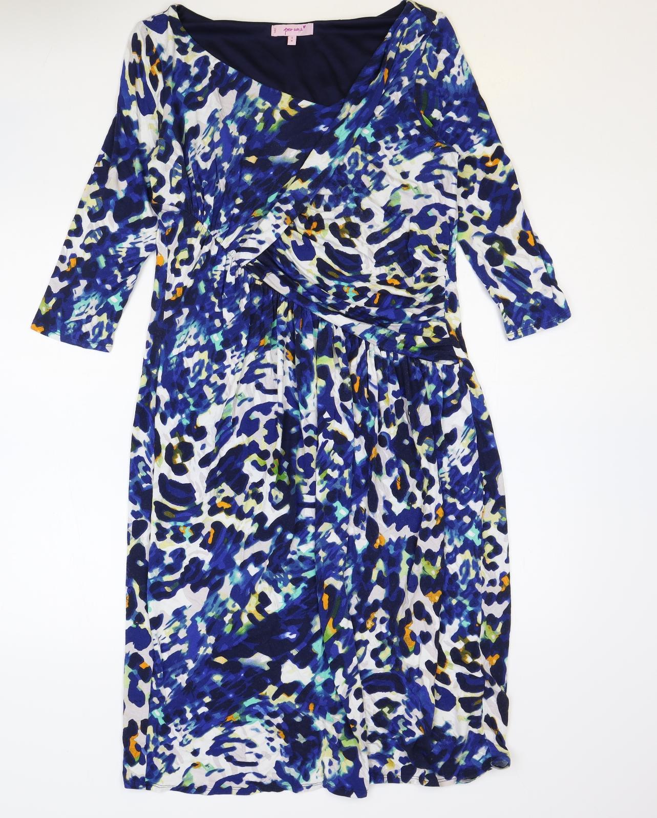 Marks and Spencer Womens Blue Animal Print Viscose A-Line Size 14 V-Neck Pullover