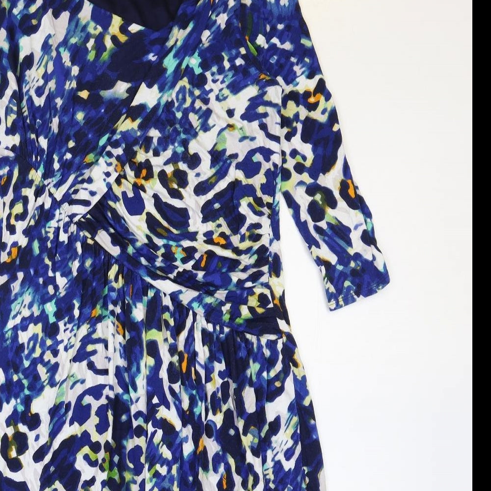 Marks and Spencer Womens Blue Animal Print Viscose A-Line Size 14 V-Neck Pullover