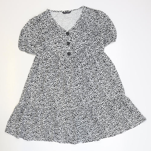SheIn Womens White Geometric Polyester Fit & Flare Size M V-Neck Button