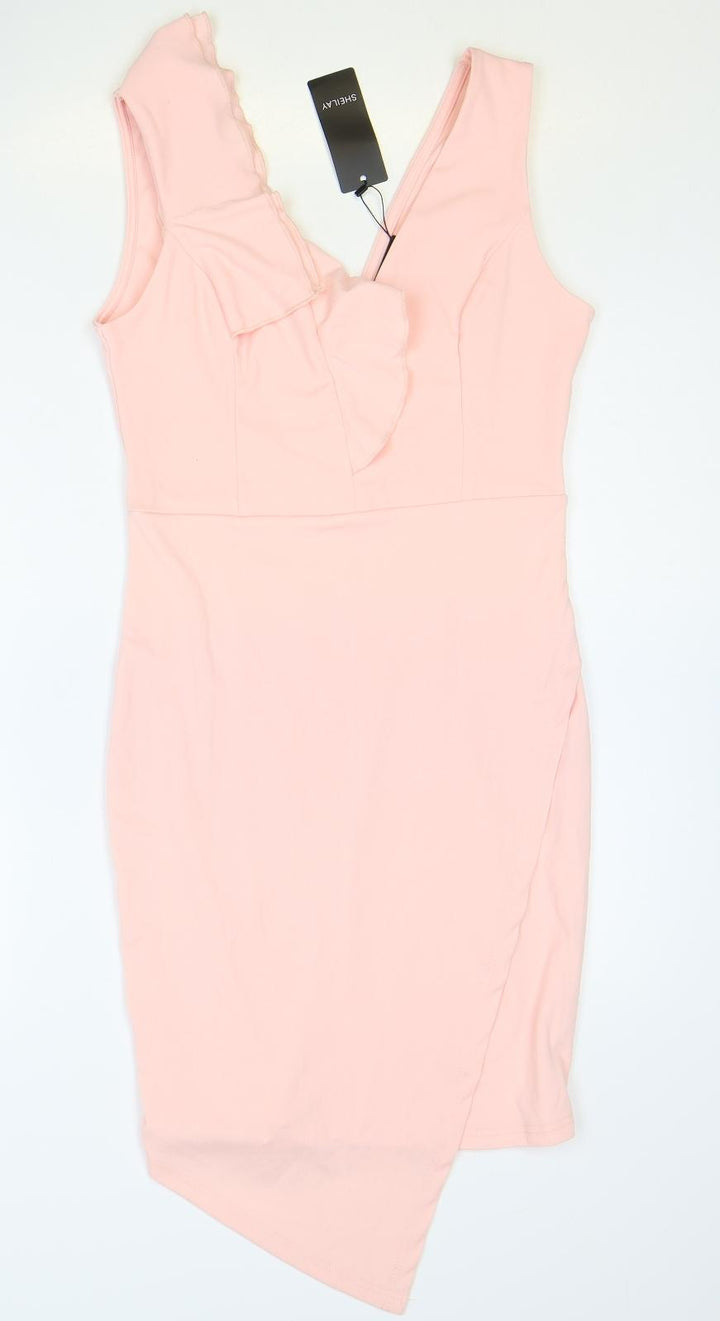 Sheilay Womens Pink Polyester Pencil Dress Size S V-Neck Zip