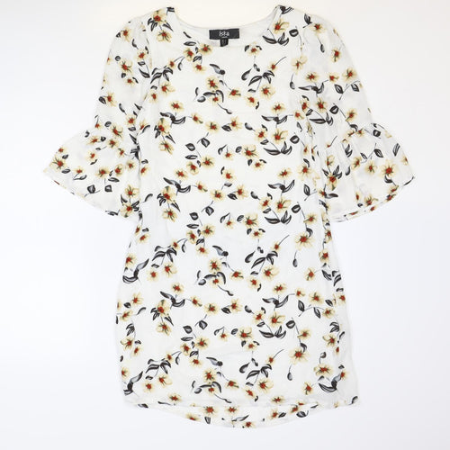 Iska Womens White Floral Polyester Shift Size 8 Round Neck Zip