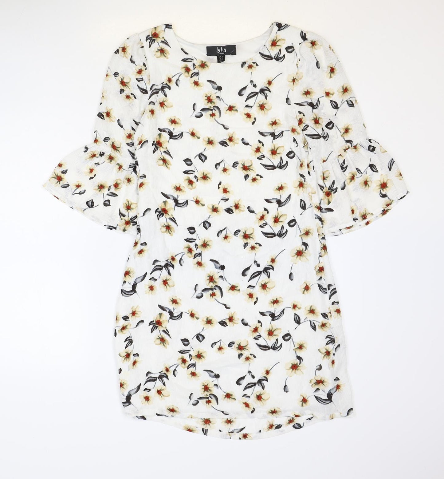 Iska Womens White Floral Polyester Shift Size 8 Round Neck Zip