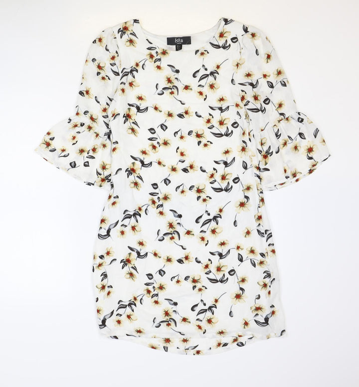 Iska Womens White Floral Polyester Shift Size 8 Round Neck Zip