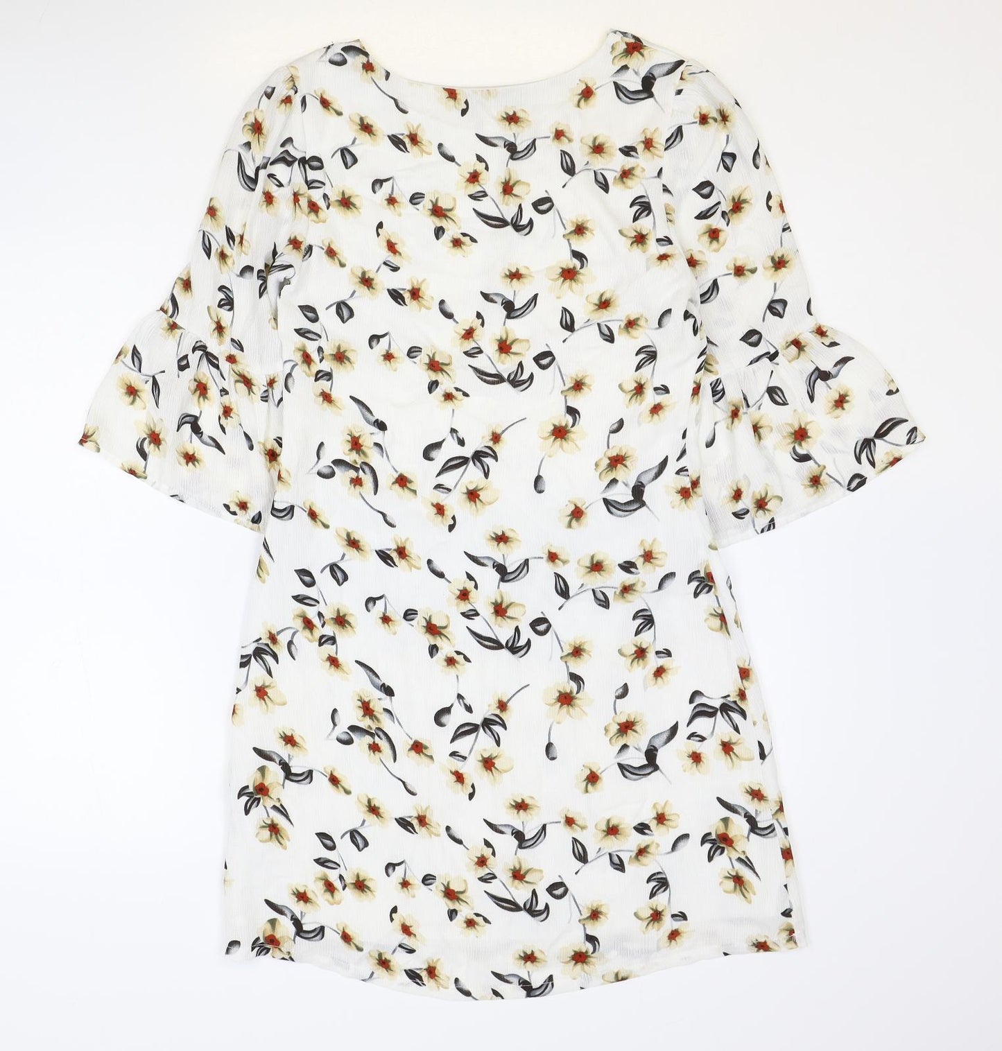 Iska Womens White Floral Polyester Shift Size 8 Round Neck Zip