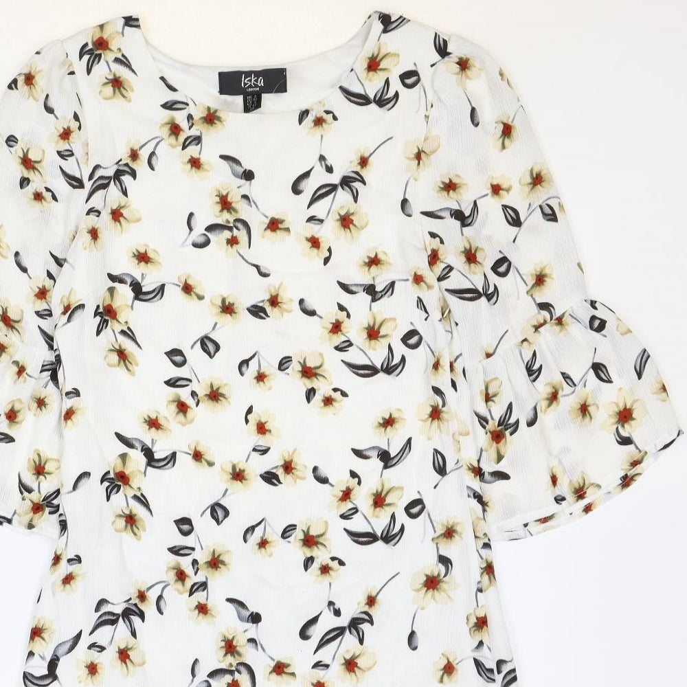 Iska Womens White Floral Polyester Shift Size 8 Round Neck Zip