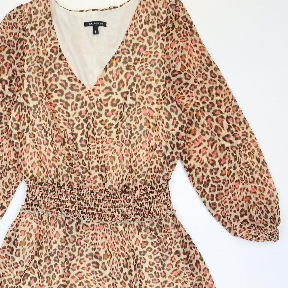 Roman Womens Multicoloured Animal Print Polyester Fit & Flare Size 8 V-Neck Pullover
