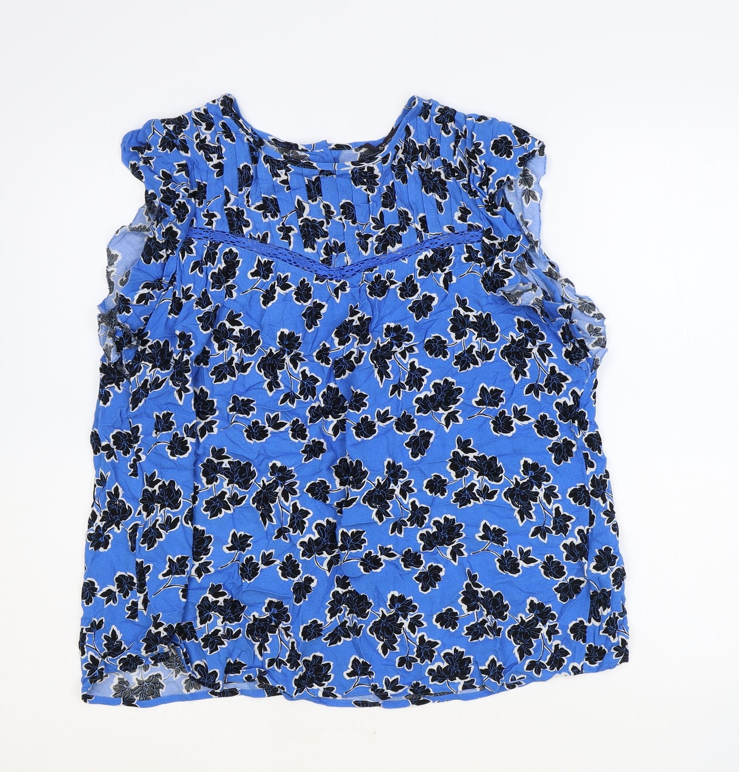 Marks and Spencer Womens Blue Floral 100% Cotton Basic Blouse Size 8 Round Neck