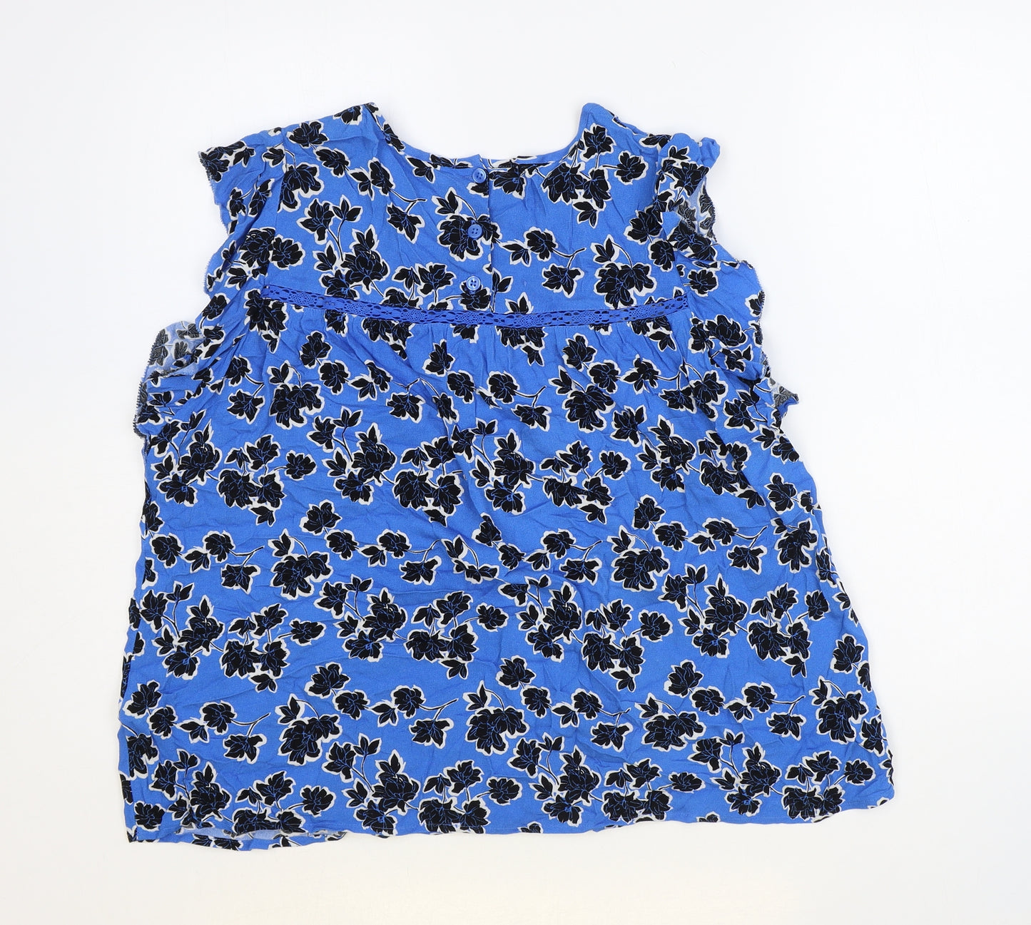 Marks and Spencer Womens Blue Floral 100% Cotton Basic Blouse Size 8 Round Neck