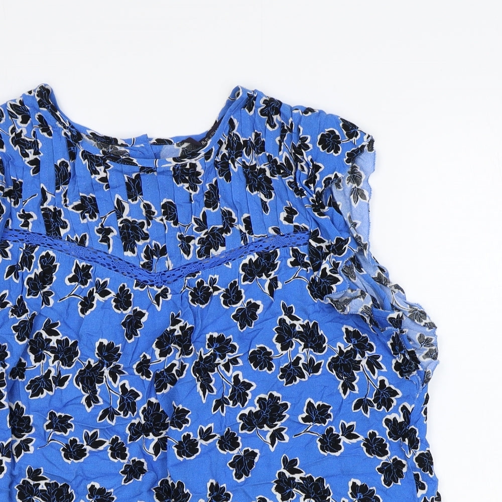 Marks and Spencer Womens Blue Floral 100% Cotton Basic Blouse Size 8 Round Neck