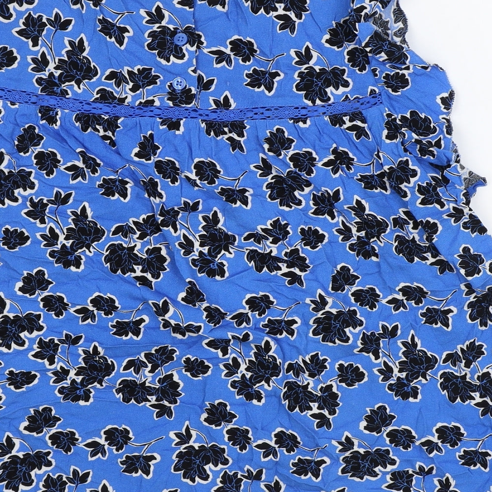 Marks and Spencer Womens Blue Floral 100% Cotton Basic Blouse Size 8 Round Neck