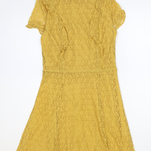 New Look Womens Yellow Floral Nylon A-Line Size 10 Boat Neck Zip