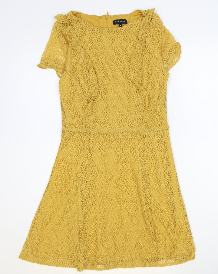 New Look Womens Yellow Floral Nylon A-Line Size 10 Boat Neck Zip