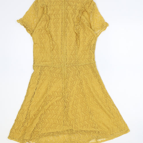 New Look Womens Yellow Floral Nylon A-Line Size 10 Boat Neck Zip