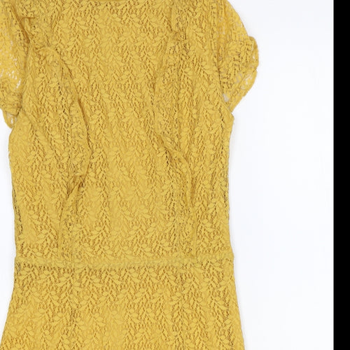 New Look Womens Yellow Floral Nylon A-Line Size 10 Boat Neck Zip