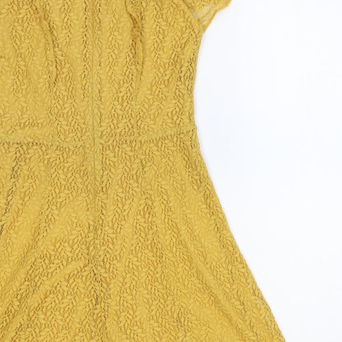 New Look Womens Yellow Floral Nylon A-Line Size 10 Boat Neck Zip