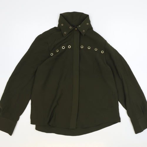 Zara Womens Green Polyester Basic Button-Up Size S Collared