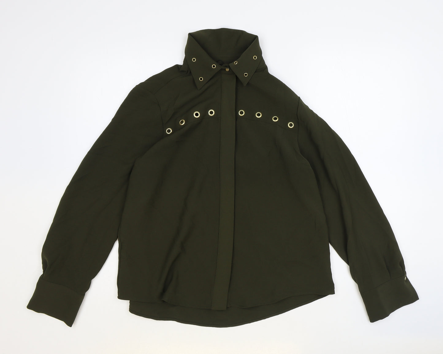 Zara Womens Green Polyester Basic Button-Up Size S Collared