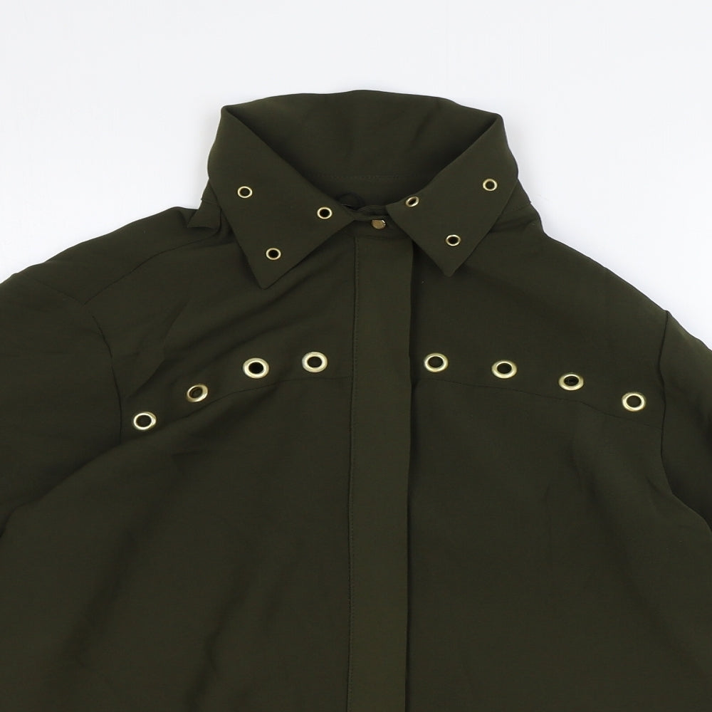 Zara Womens Green Polyester Basic Button-Up Size S Collared