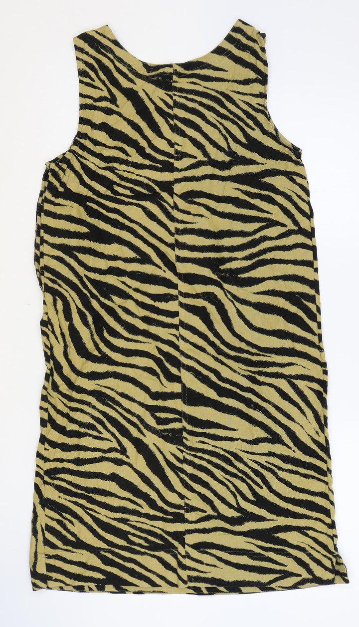 Marks and Spencer Womens Brown Animal Print Linen Shift Size 8 Scoop Neck Button - Tiger Print