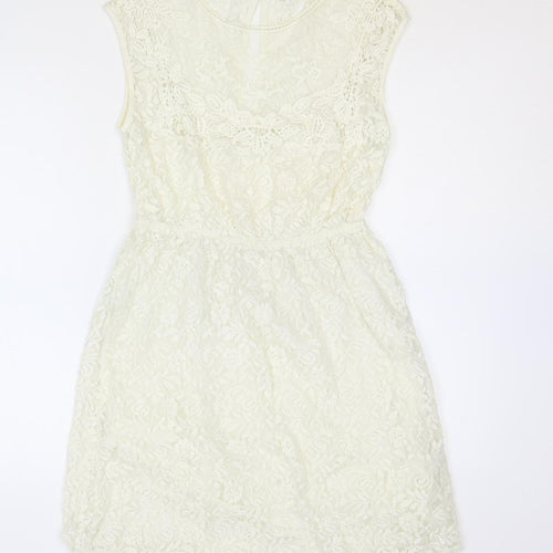 Zara Womens Ivory Floral 100% Cotton Fit & Flare Size S Scoop Neck Button