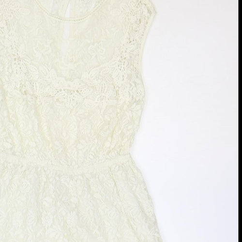 Zara Womens Ivory Floral 100% Cotton Fit & Flare Size S Scoop Neck Button