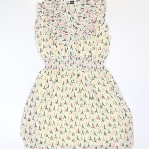 Atelier 61 Womens Ivory Geometric Polyester Shirt Dress Size 8 V-Neck Button