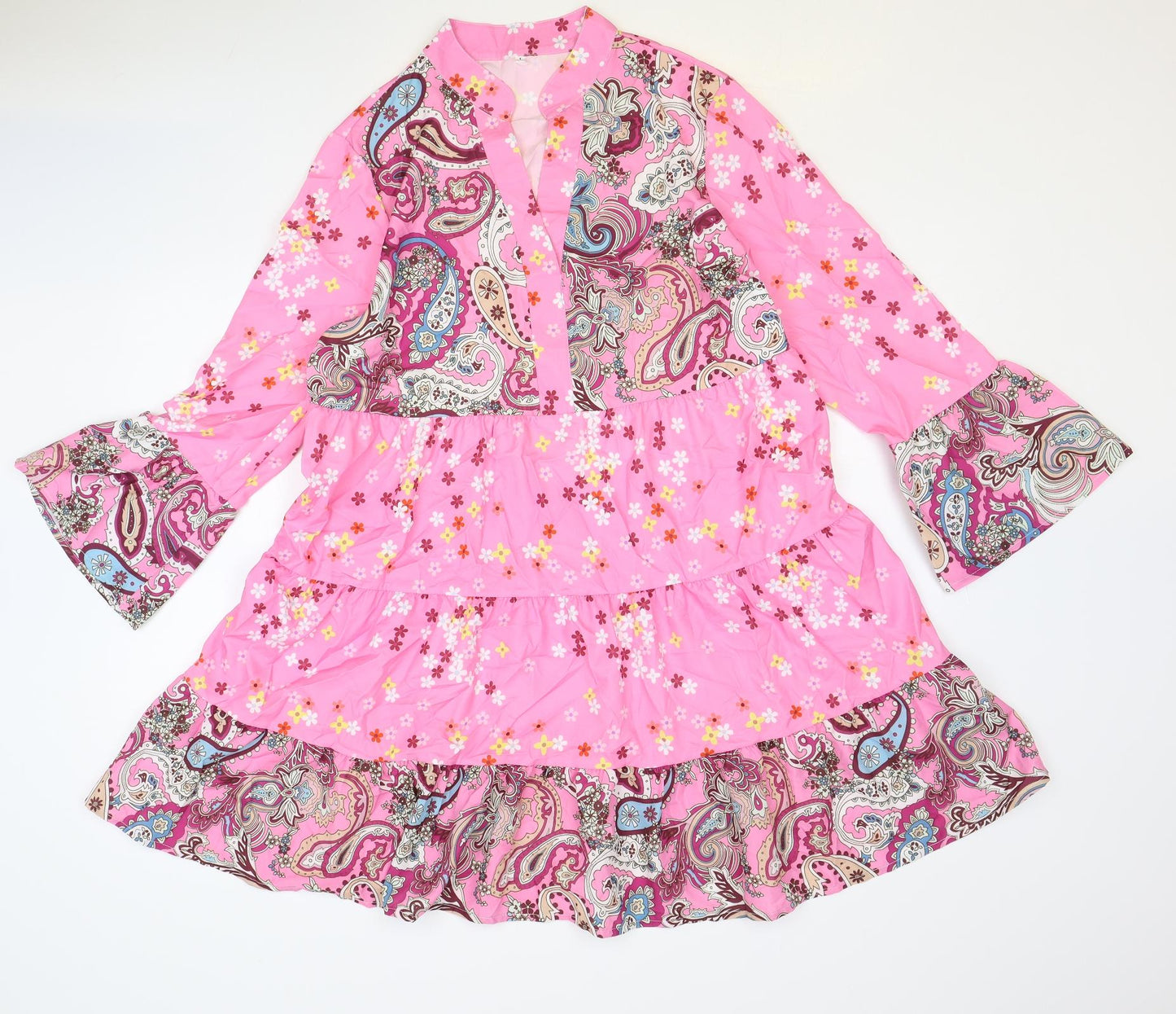 Preworn Womens Pink Geometric Polyester Shirt Dress Size L Collared Pullover