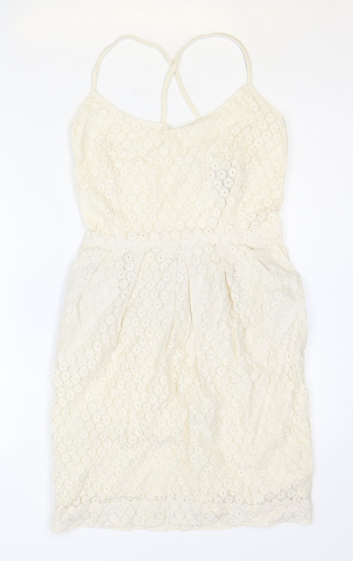 Mango Womens Ivory Cotton A-Line Size XS Scoop Neck Zip