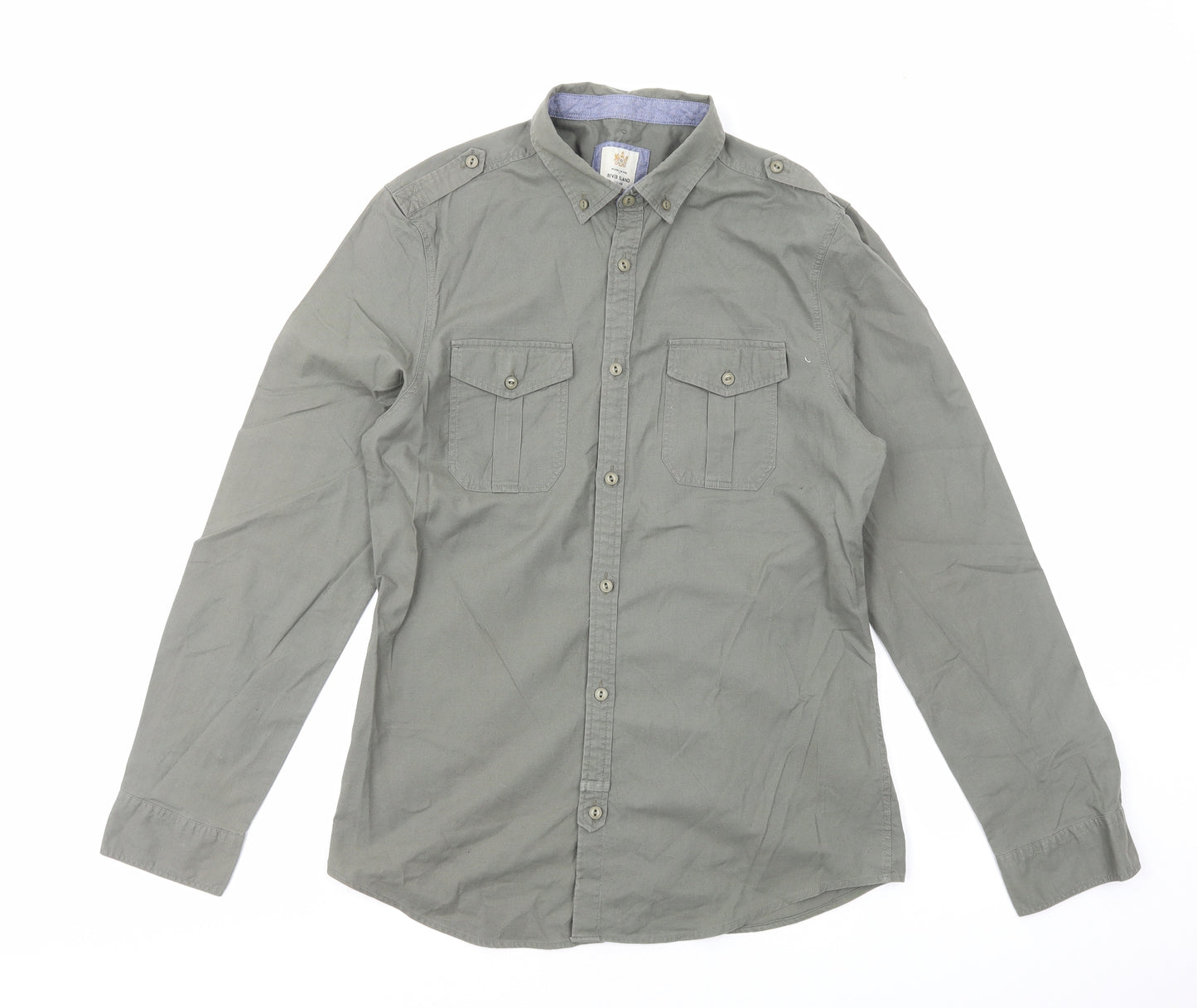 River Island Mens Green Cotton Button-Up Size M Collared Button