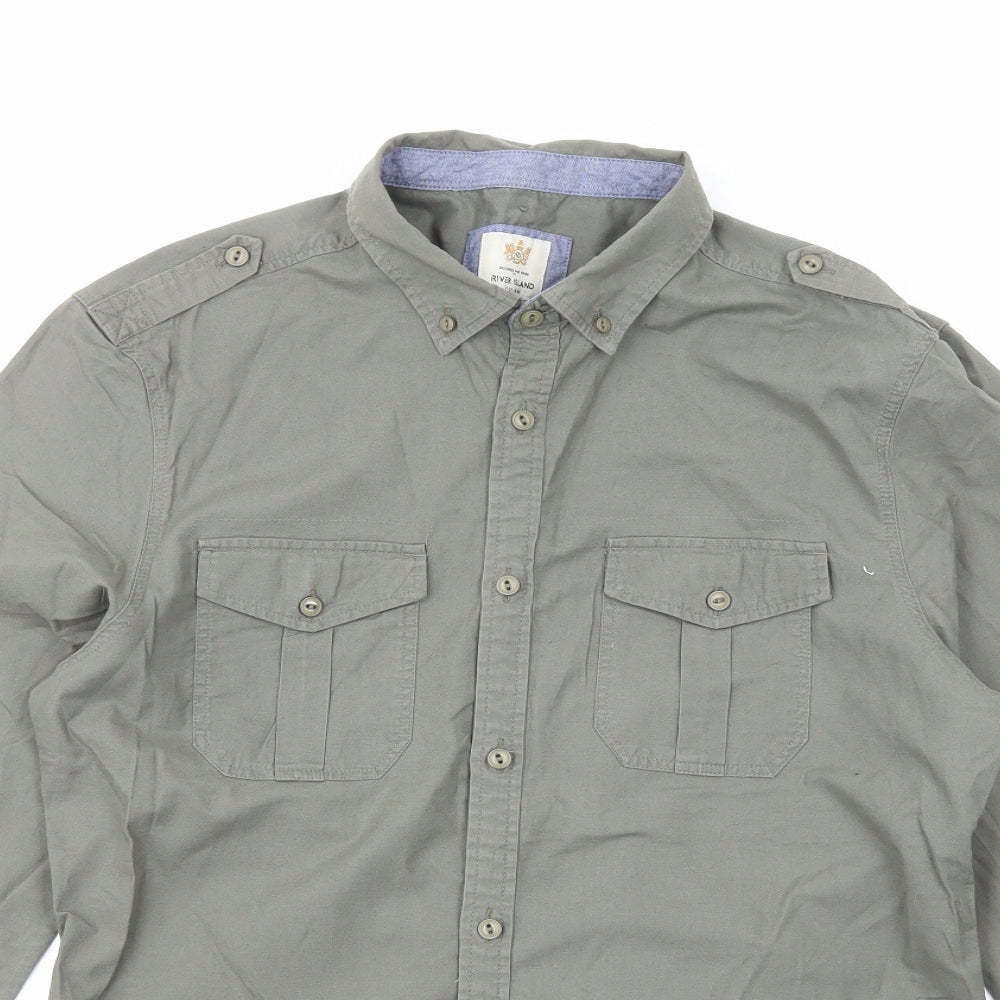 River Island Mens Green Cotton Button-Up Size M Collared Button