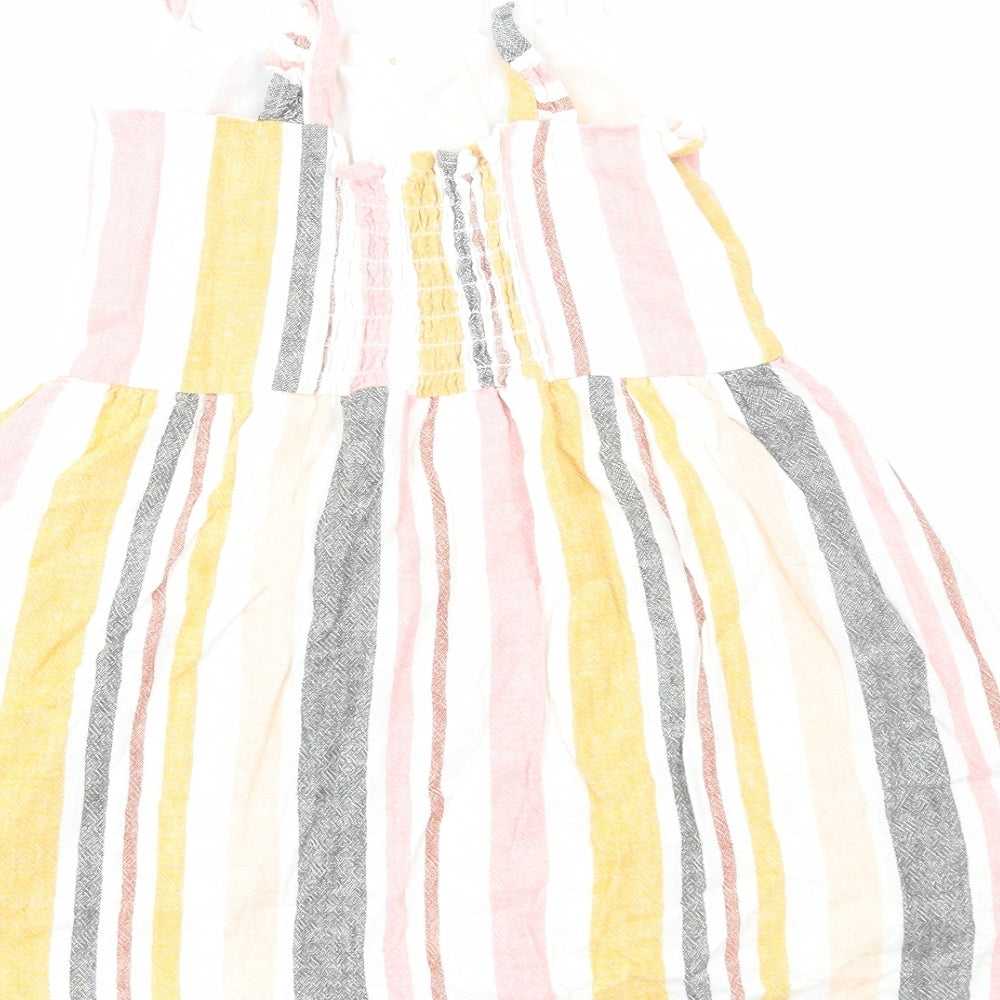 Primark Girls Multicoloured Striped Cotton Skater Dress Size 5-6 Years Square Neck Pullover