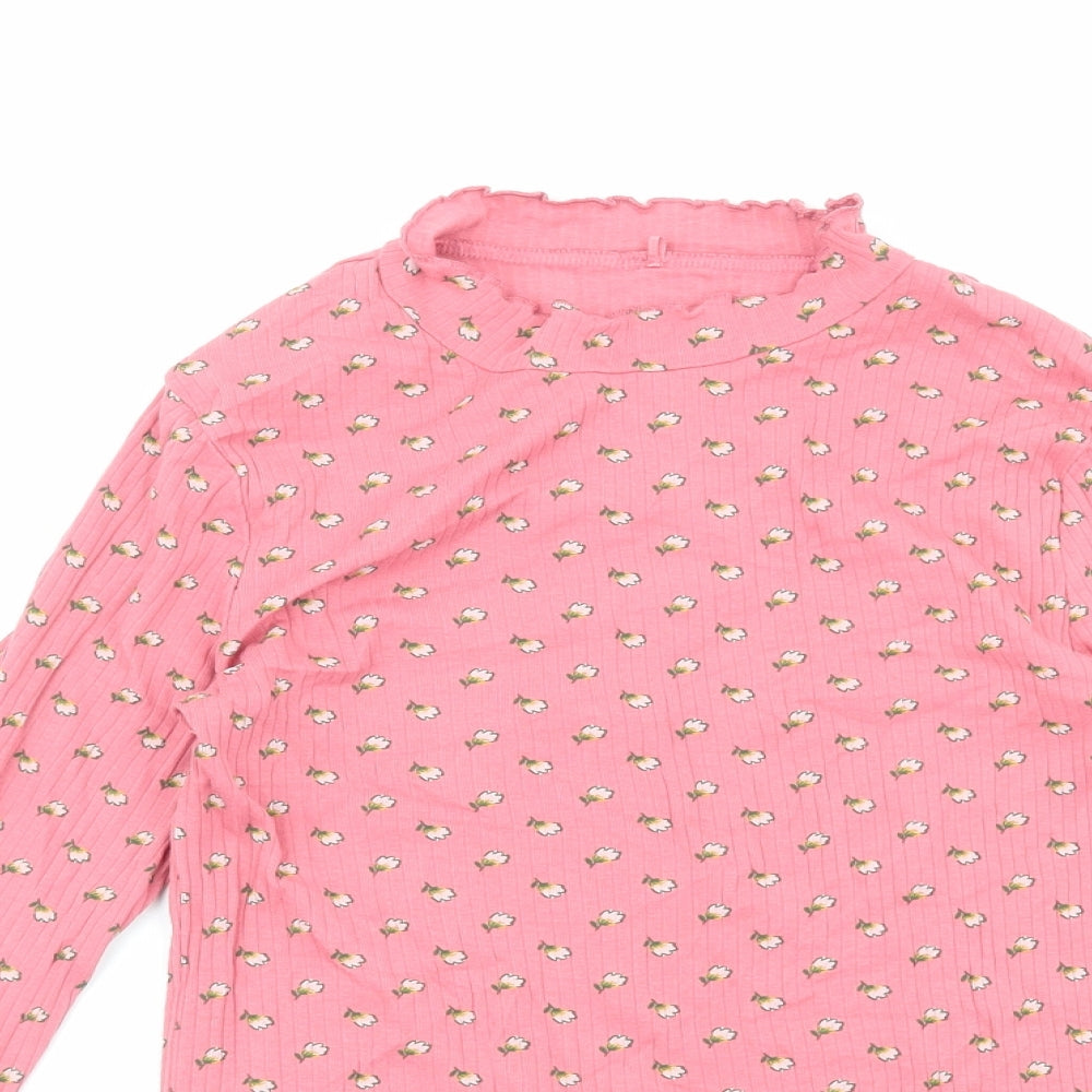 George Girls Pink Floral Cotton Basic T-Shirt Size 12-13 Years Mock Neck Pullover