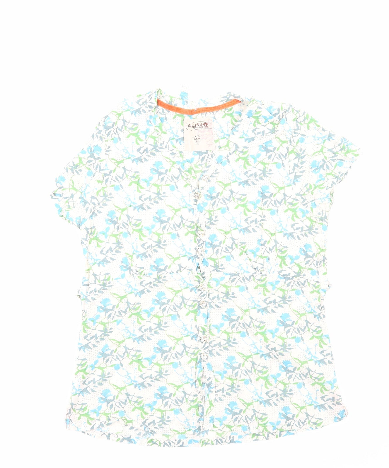 Regatta Womens Ivory Geometric Cotton Basic Button-Up Size 10 Round Neck