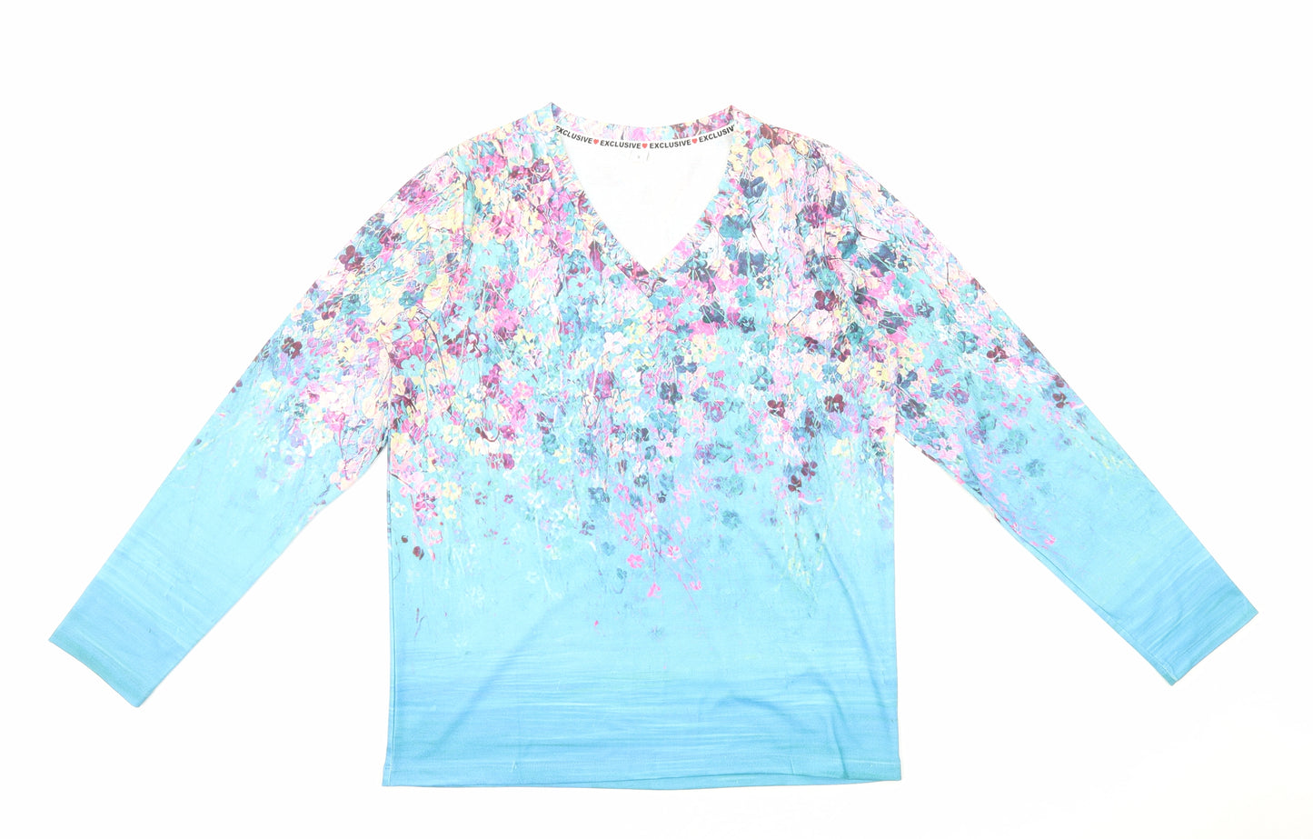 Exclusive Womens Blue Floral Polyester Basic Blouse Size S V-Neck