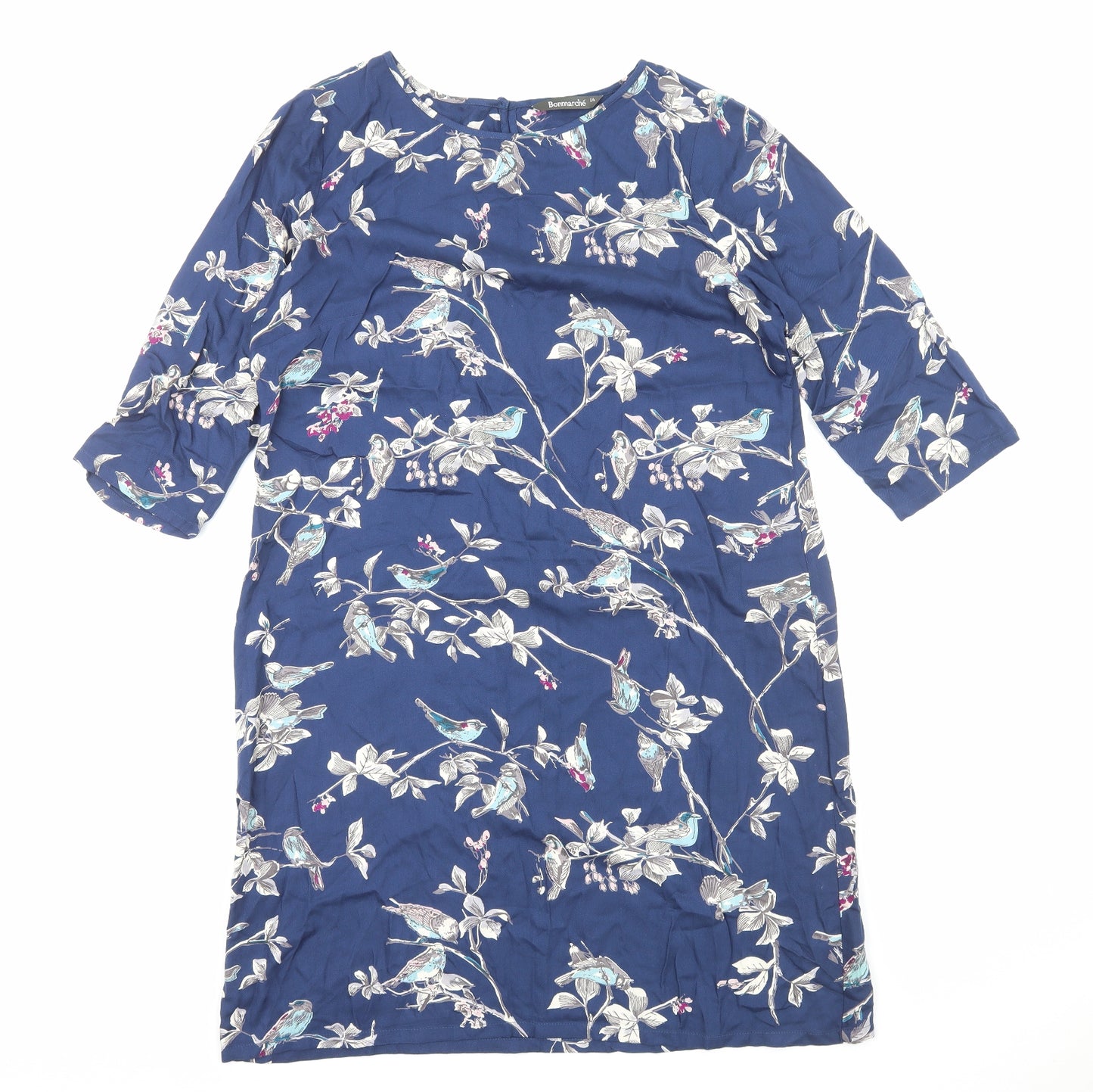 Bonmarché Womens Blue Geometric Viscose Shift Size 14 Round Neck Pullover