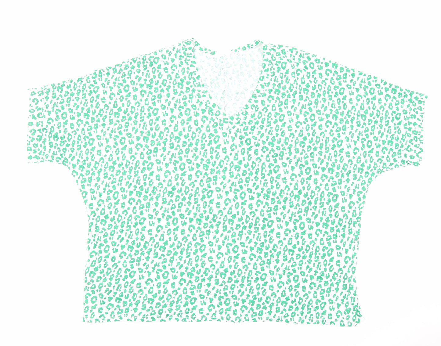 Preworn Womens Green Animal Print Cotton Basic Blouse Size L V-Neck - Leopard Print