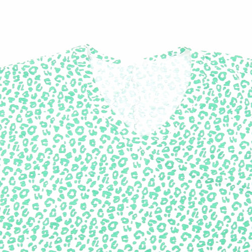 Preworn Womens Green Animal Print Cotton Basic Blouse Size L V-Neck - Leopard Print