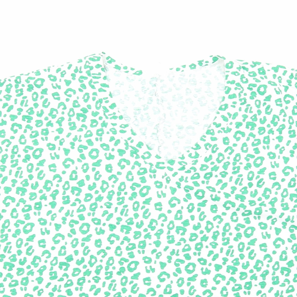 Preworn Womens Green Animal Print Cotton Basic Blouse Size L V-Neck - Leopard Print