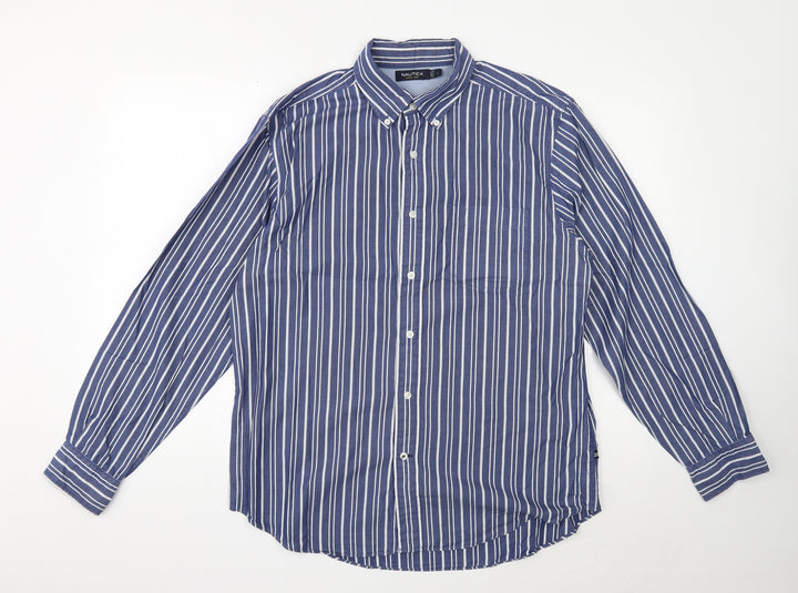 Nautica Mens Blue Striped Cotton Button-Up Size L Collared Button