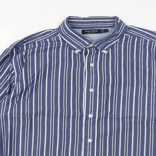 Nautica Mens Blue Striped Cotton Button-Up Size L Collared Button